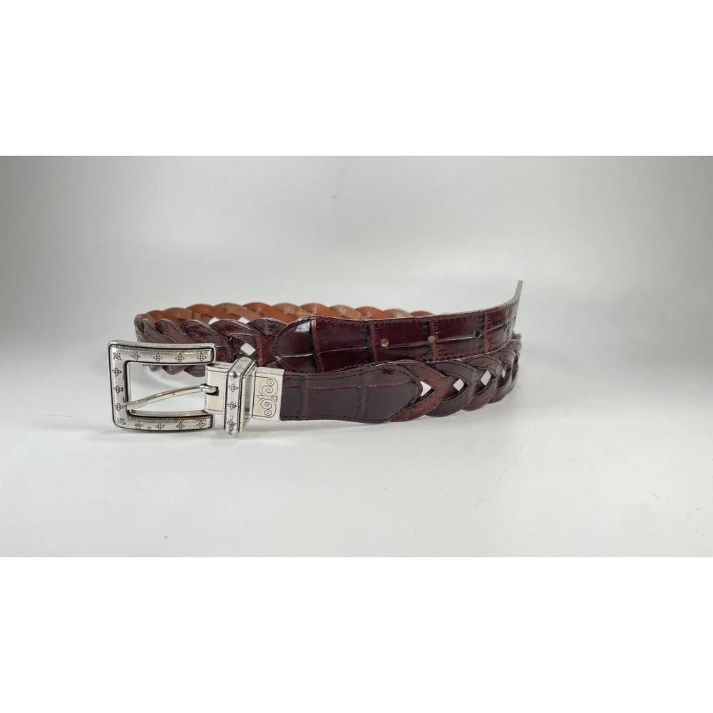 Dark Brown Tan Reversible Braided Belt Mock Croc Silver Buckle XL